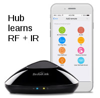 RF and IR blaster learns remote control signals for blinds, shades, window/skylight openers