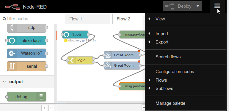 Node-RED workspace menu for Alexa control of blinds, shades, and lighting