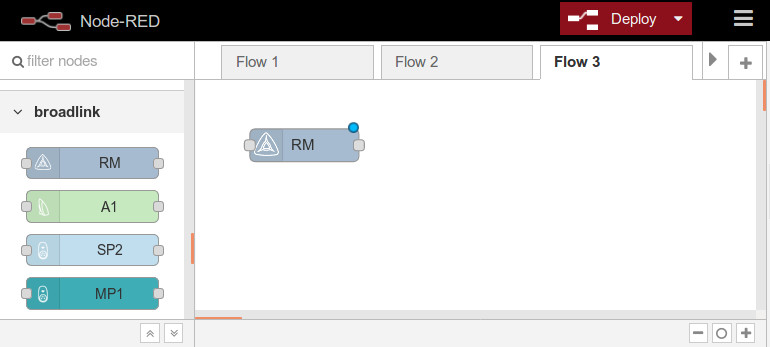 Node-RED drag and drop workspace for Alexa control of BroadLink hub re blinds, shades, and lighting