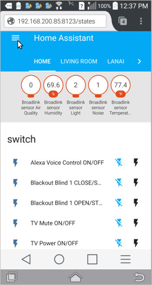 home screen of Home Assistant automation system