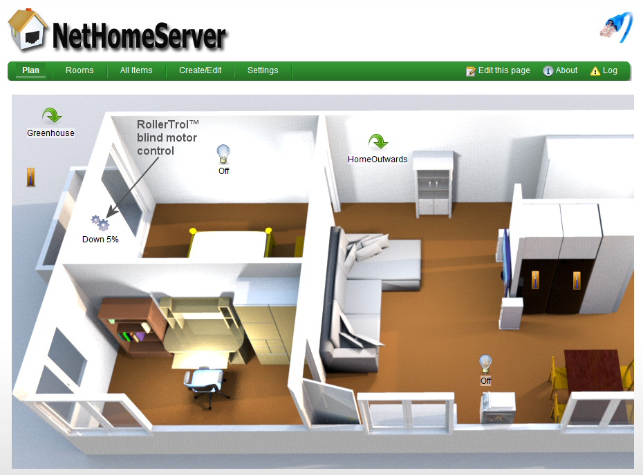 Raspberry Pi home automation plan view showing RollerTrol blind motor control and greenhouse link