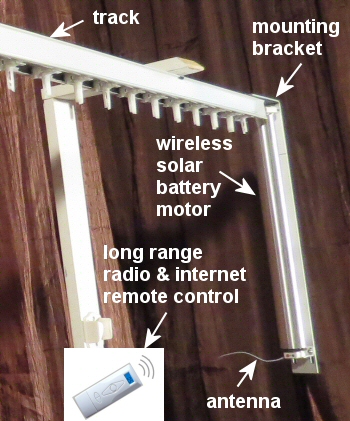 wireless remote control drapery motor kit, rechargeable battery operated with solar option